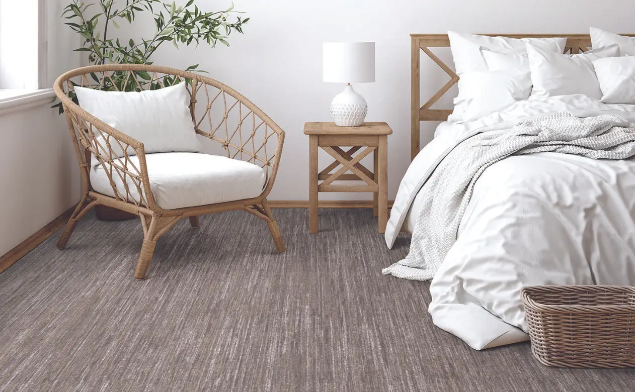 patterned two tone greige carpet in bohemian bedroom	