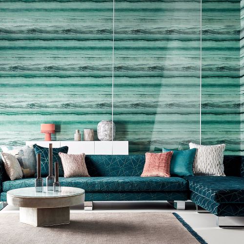 Green marbled wallpaper in modern NY living room